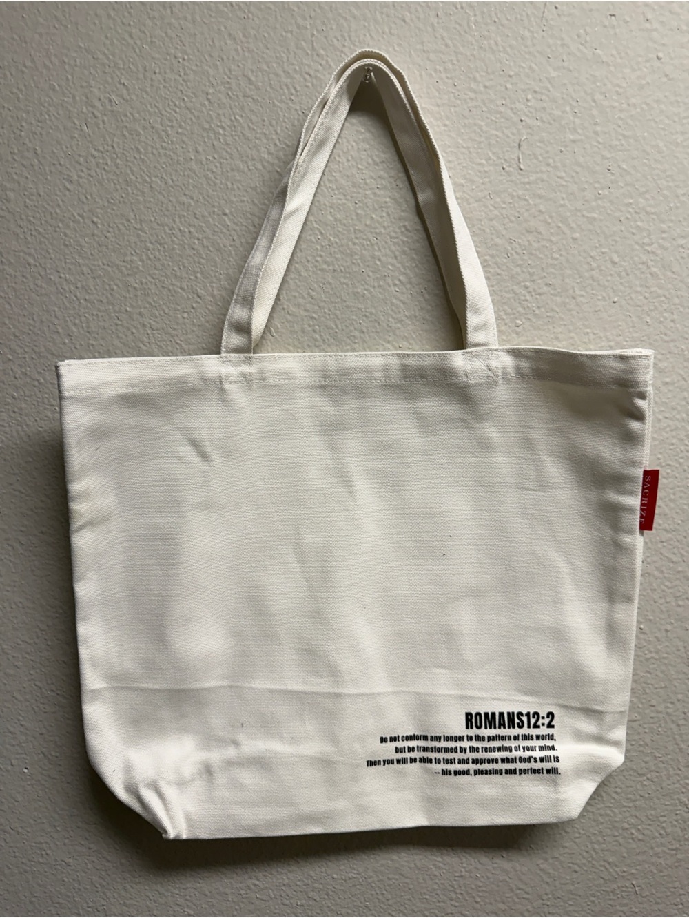White Canvas Tote Bag with Romans12:2 Print - Unbranded